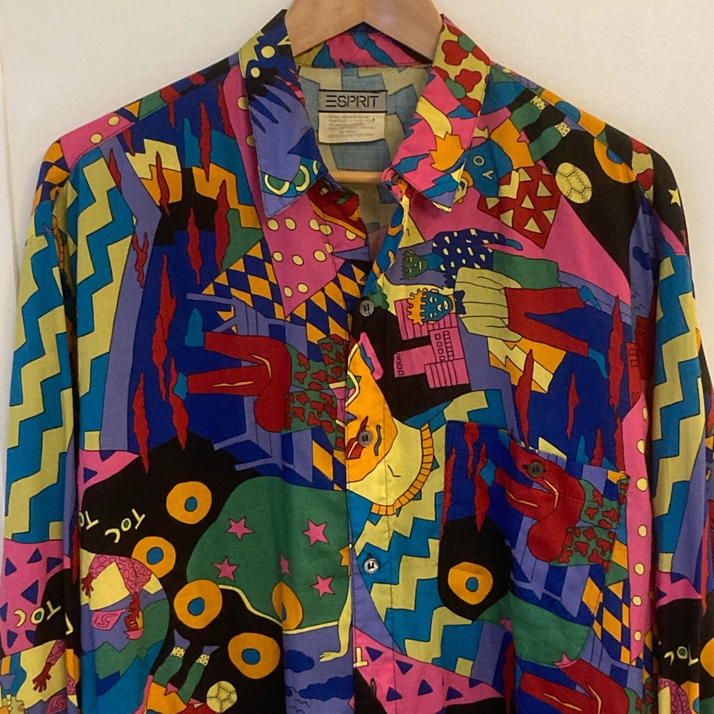 Vintage 80’s Esprit Pop Art Novelty Faces Colorful New Wave Shirt Size L Rare - Picture 3 of 11